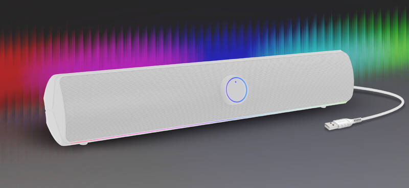 Soundbar Genesis HELIUM 312BT, 10W biely Biely soundbar Genesis Helium 312BT s RGB efektom a USB káblom na tmavom pozadí