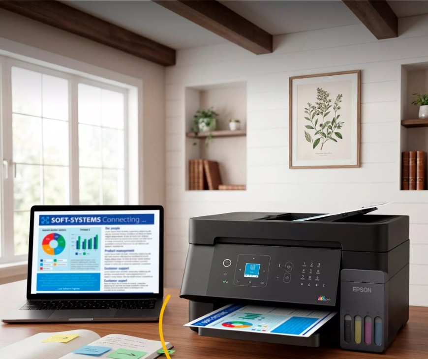 Pracovňa s kompaktnou tlačiarňou Epson EcoTank L5390 umiestnenou na stole vedľa notebooku