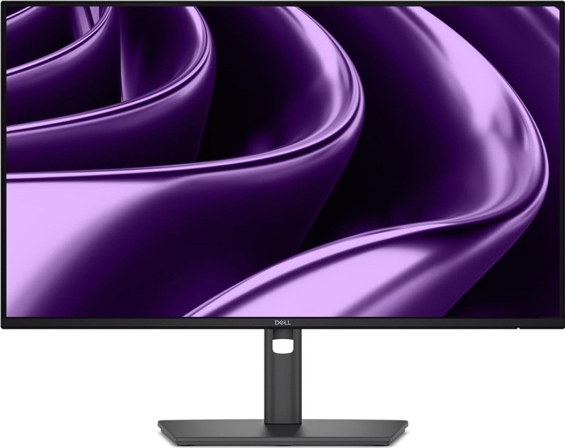 Čelný pohľad na sivý monitor Dell Pro P 24 P2426HE s tenkými rámčekmi, výškovo nastaviteľným stojanom a obdĺžnikovou základňou. Na displeji je fialová abstraktná grafika.