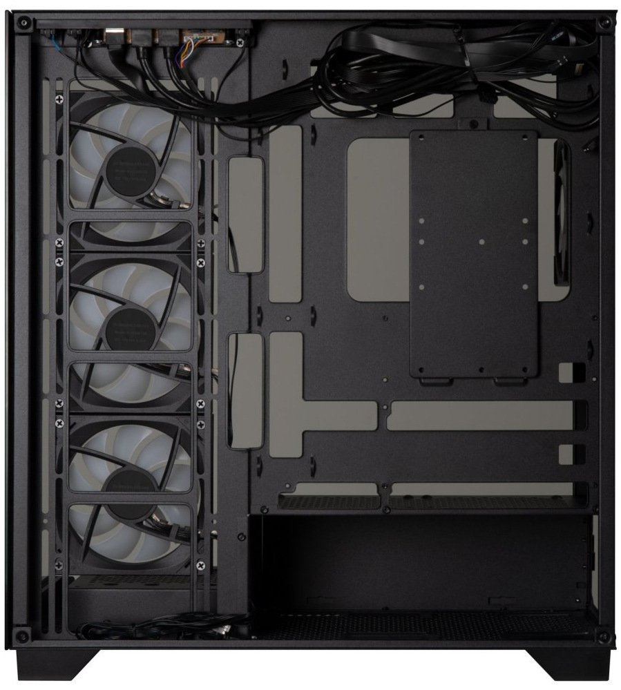 Case BitFenix CETO čierna Bočný pohľad do skrine ukazuje rad ARGB ventilátorov umiestnených naľavo pri bočnej stene. Napravo od nich je už voľný, prázdny priestor hlavnej komory – miesto pre základnú dosku a ďalšie komponenty, takže ventilátory sú jasne „oddelené“ v bočnej sekcii a zvyšok vnútra pôsobí otvorene a prehľadne.