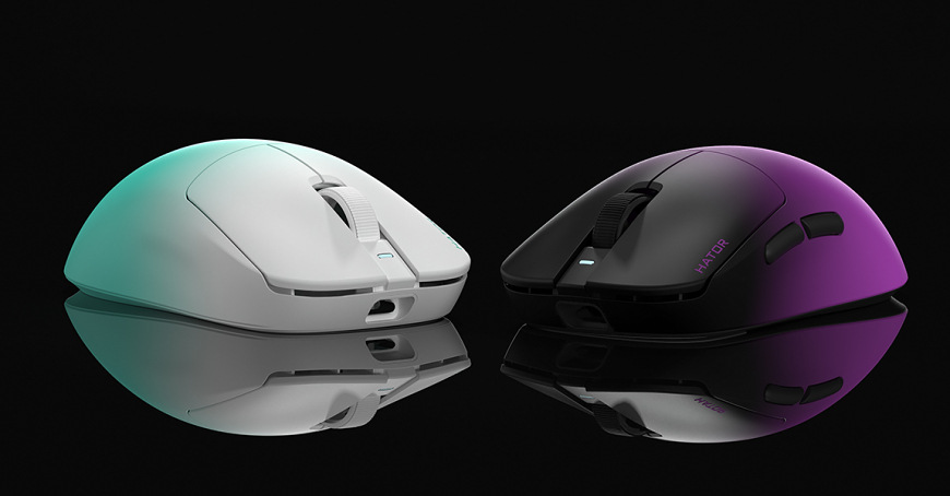 Obe farebné varianty HATOR Quasar 3 Ultima 8K Wireless na lesklej ploche