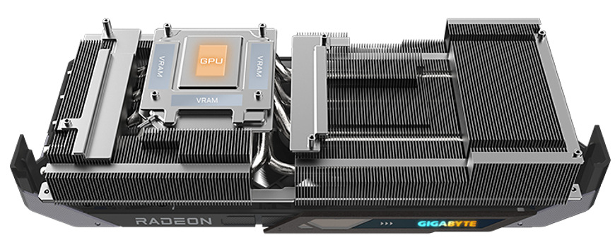 Grafická karta GIGABYTE Radeon RX 9070 XT GAMING 16G čierna Detail chladiča grafickej karty GIGABYTE RX 9070 XT s medenou základňou a heatpipe