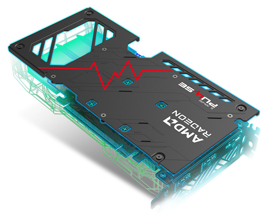 Zadný kovový backplate Sapphire Pulse RX 9060 XT s výrazným pulzným motívom pre vyššiu pevnosť