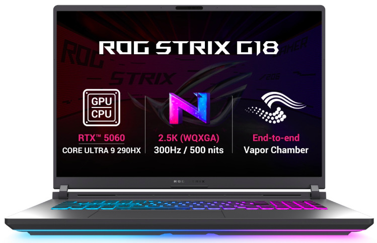 Notebook Asus ROG Strix G18 sivý Prehľad grafiky RTX 5060, displeja s 300 Hz a chladenia Vapor Chamber