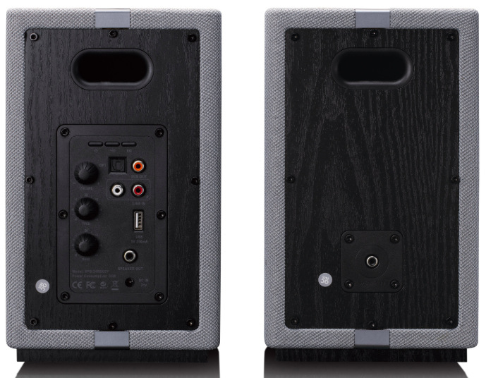 Reproduktory Lenco SPB-240BKGY čierne/sivé Zadný panel reproduktorov Lenco SPB-240BKGY s konektormi RCA, USB a bassreflexom