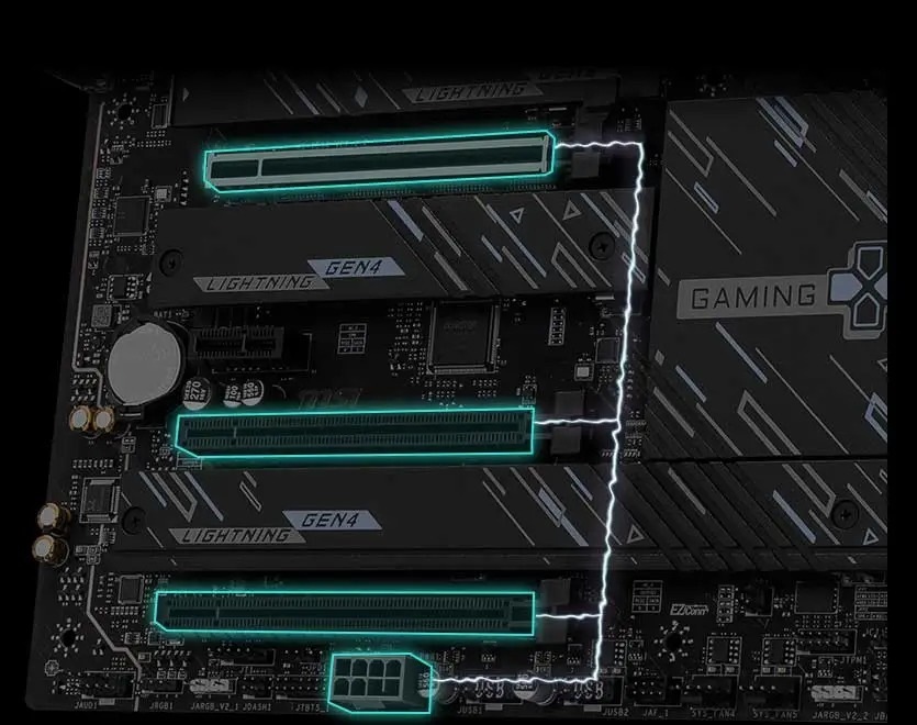 Detailný záber základnej dosky s vyznačenými PCI slotmi a zeleno svietiacimi obvodmi. Dizajn pôsobí technicky a moderne a vyžaruje inovatívnosť.