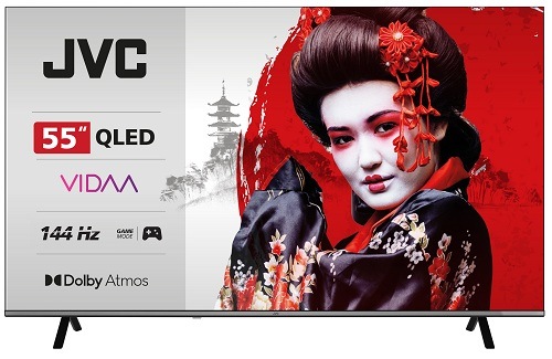 JVC TV LT-55VDQ9435 s QLED, operačným systémom VIDAA, 144 Hz DLG a zvukom Dolby Atmos. Na ľavej strane obrazovky sú kľúčové parametre a vpravo je zobrazená žena v tradičnom japonskom kimone s výrazným make-upom, podčiarkujúca kvalitu obrazu