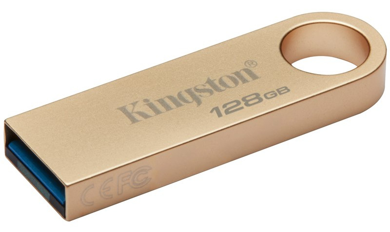 USB flashdisk Kingston DataTraveler SE9 G3 128GB zlatý Kompaktný kovový USB flashdisk Kingston DataTraveler SE9 G3 zobrazený na bielom pozadí, detailne zachytávajúce minimalistické telo, integrované očko pre kľúčenku a USB-A konektor
