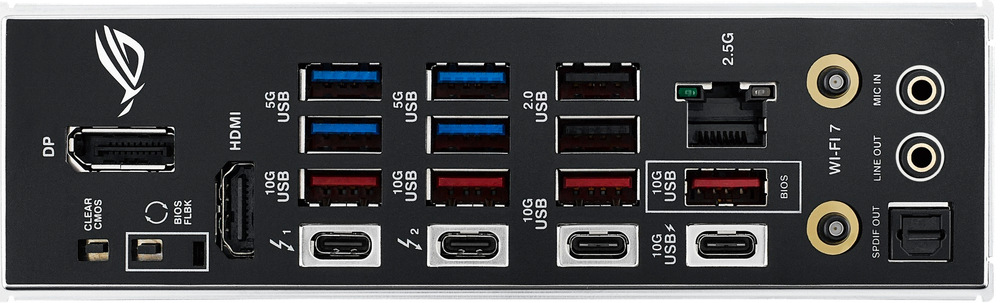 Základná doska Asus ROG Strix Z890-F GAMING WIFI Z čelného pohľadu na zadný I/O panel uvidíte najskôr dvojicu servisných tlačidiel BIOS FlashBack a Clear CMOS, vedľa nich obrazové výstupy DisplayPort a HDMI, a potom dvojicu Thunderbolt 4 (USB-C) pre najrýchlejšie periférie a doky. USB výbava je rozdelená do viacerých rýchlostí: celkom 6× USB 10Gb/s (4× Type-A + 1× USB-C + 1× USB-C s Power Delivery až 30 W), na to 4× USB 5Gb/s (Type-A) a ešte 2× USB 2.0 (Type-A). Pre sieť je tu Intel 2,5 Gb Ethernet a modul Wi-Fi na pripojenie antény, audio časť tvorí optický S/PDIF a 2 pozlátené 3,5 mm jacky.