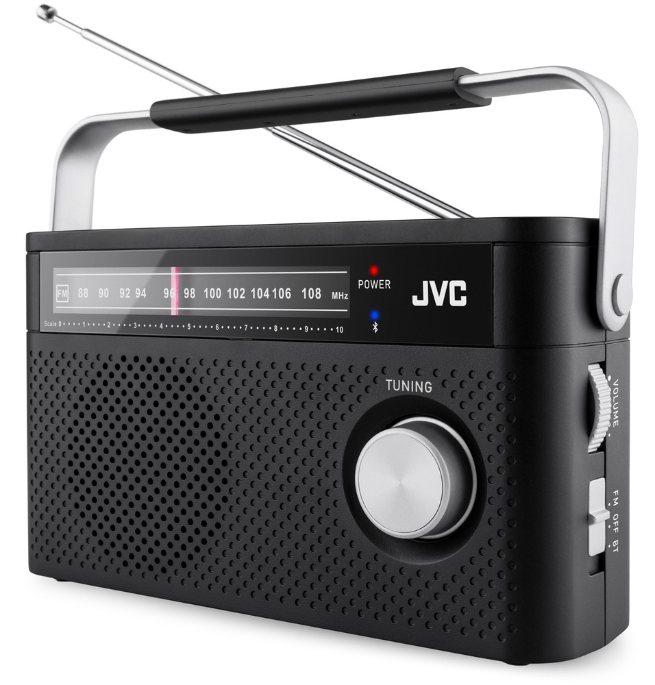 Čierne rádio JVC RA-E315B s analógovým ladením a strieborným otočným gombíkom. Na prednej strane je prehľadná stupnica FM frekvencií, logo JVC a LED indikátor napájania aj Bluetooth. Hornú časť dopĺňa strieborno-čierne madlo