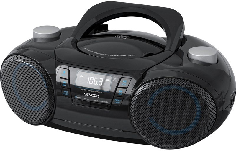 Prenosný CD prehrávač Sencor s FM rádiom, Bluetooth a reproduktormi, bočný pohľad.