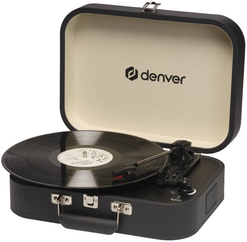 Kufríkový gramofón Denver VPL-130 v čiernej farbe s hrajúcou vinylovou doskou