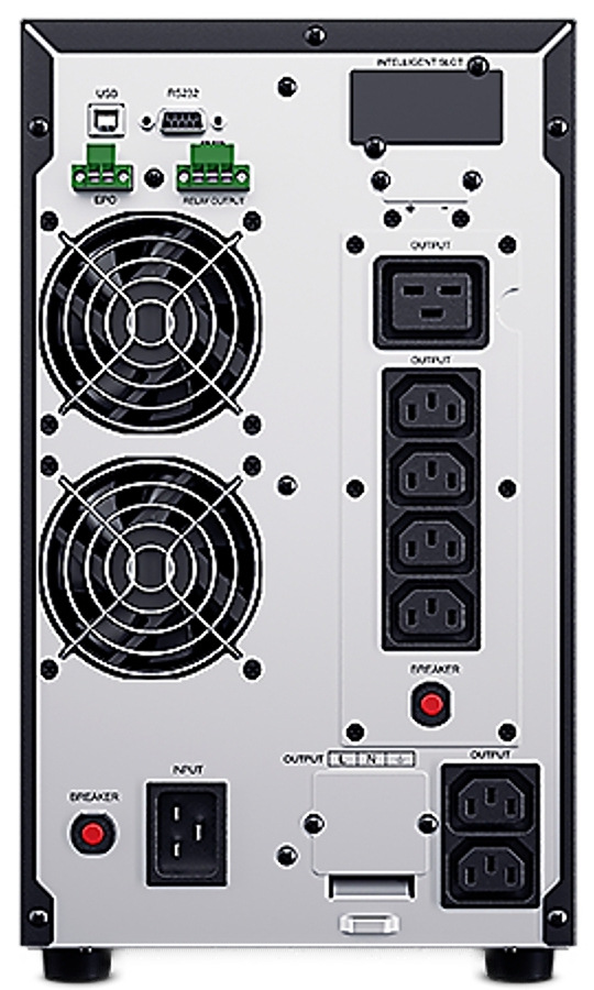 Záložný zdroj CyberPower OnLine S 3000VA/2700W, Tower čierny Na obrázku je zadná strana záložného zdroja CyberPower OnLine S 3000 VA / 2 700 W. Vľavo sú nad sebou dva veľké ventilátory, hore komunikačné porty USB a RS232 a zelené svorky pre doplnkové pripojenie. Vpravo je niekoľko napájacích výstupov rôznych typov, dole vstupný konektor, istič s červeným tlačidlom a ďalšie servisné či rozširujúce prvky. Panel pôsobí profesionálne, technicky a je určený pre napájanie aj správu viacerých zariadení naraz.