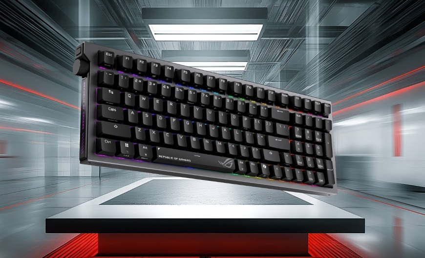 Asus ROG Strix Morph 96 WL v hernom prostredí s dynamickým RGB efektom