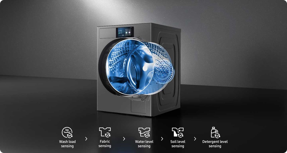 Práčka Samsung Bespoke WF90F09C4SU4 strieborná Práčka Samsung WF90F09C4SU4 so zvýrazneným bubnom a popísanými krokmi funkcie AI Wash