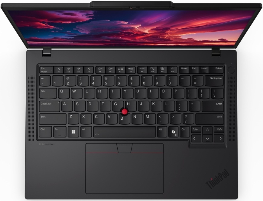 Pohľad zhora na klávesnici a touchpad notebooku Lenovo ThinkPad P14s Gen 6″ width=
