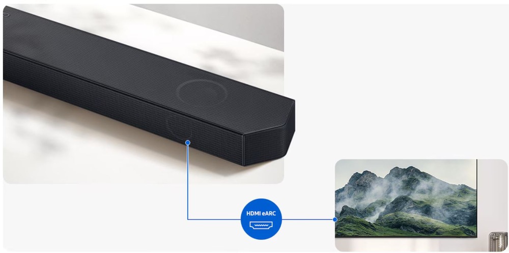pripojenie soundbaru Samsung HW-Q600H pred HDMI eARC. Je vidieť časť televízie s obrazom hôr, kam sa dá soundbar pripojiť