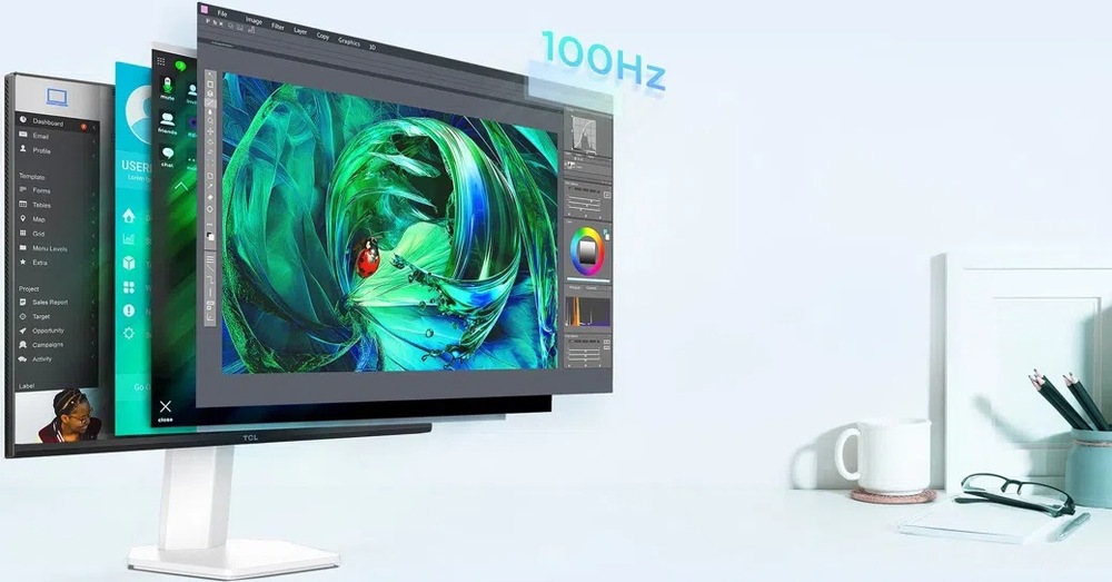 Herný monitor TCL 24G54 biely Monitor s otvorenými grafickými programami má natívnu obnovovaciu frekvenciu 100 Hz