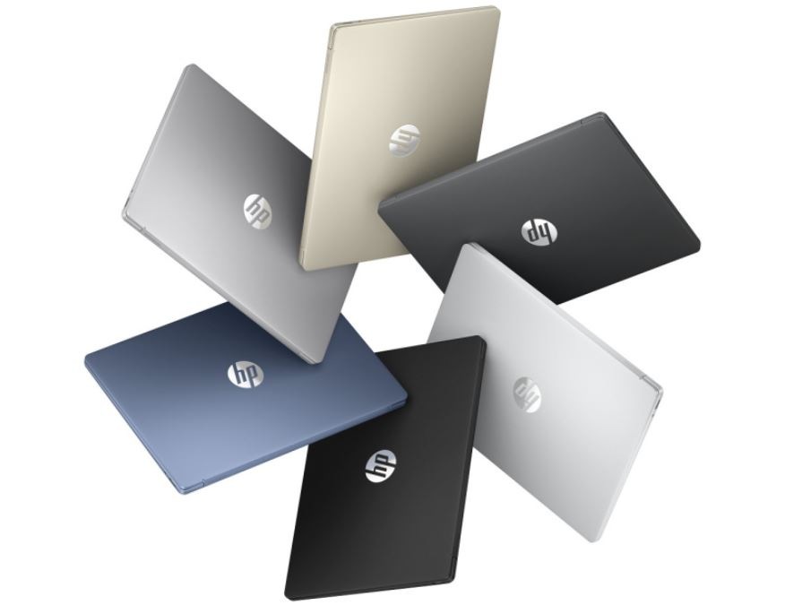 Notebook HP v niekoľkých farebných variantoch z pohľadu na veko