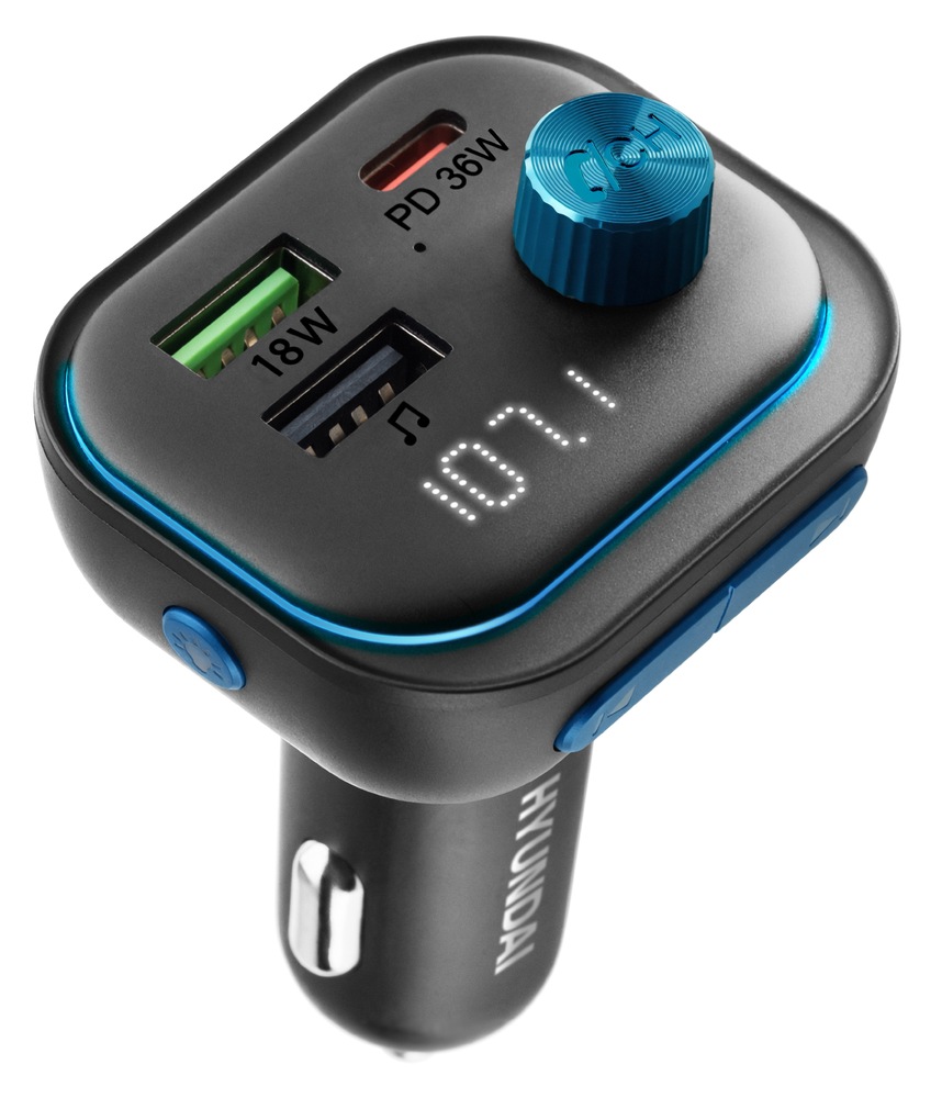 Čierny FM transmitter Hyundai FMT 490 BTCHARGE PD 36W so 3 portami, bluetooth a farebným LED podsvietením