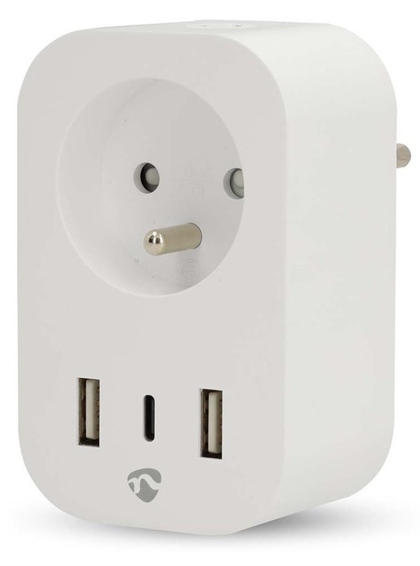 Inteligentná zásuvka Nedis SmartLife, merač spotreby, diaľkovo ovládateľná, Wi-Fi, 1x USB-C + 2x USB, IP21, 3680 W biela