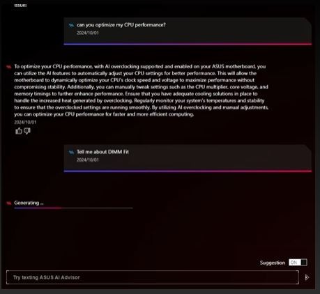 Detail AI Advisor a Základná doska Asus TUF GAMING B850M-PLUS