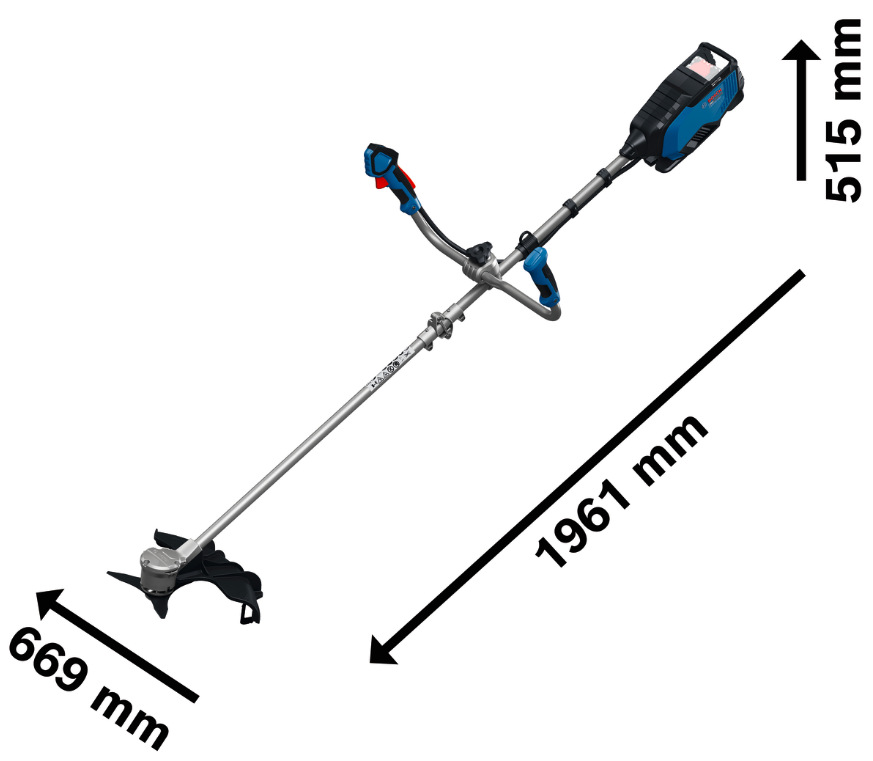 Rozmery krovinorezu Bosch Professional GFR 18V-25BH s vyznačenými hodnotami