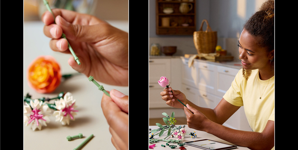 Stavebnica LEGO® Botanicals 10342 Krásná kytice růžových květin Zostavovanie kvetov ponúka dospelým príležitosť na relaxáciu a kreatívnemu odpočinku s pomocou aplikácie LEGO Builder.