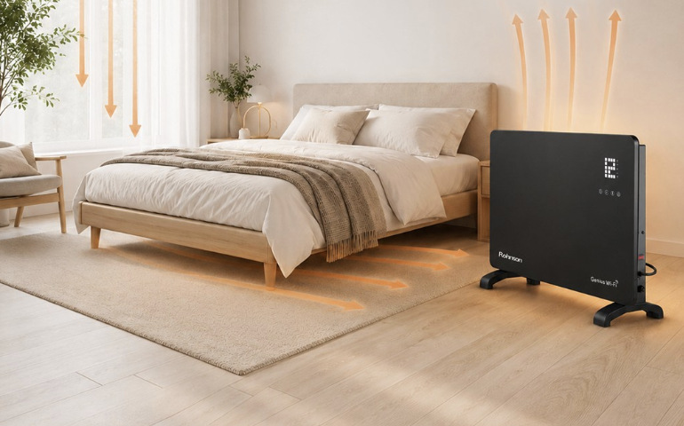 Konvektor Rohnson R-040 Genius Wi-Fi pri vykurovaní spálne s naznačeným prúdením teplého vzduchu