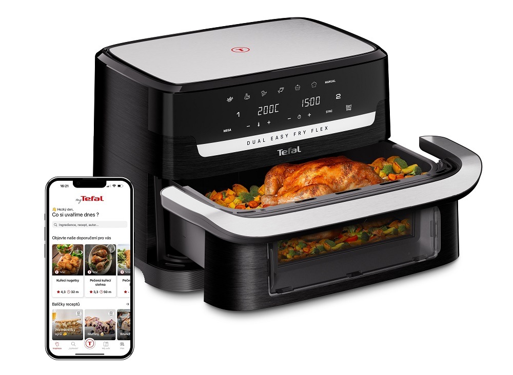 Teplovzdušná fritéza Tefal EY922DE0 Dual Easy Fry Flex a mobilný telefón s aplikáciou My Tefal