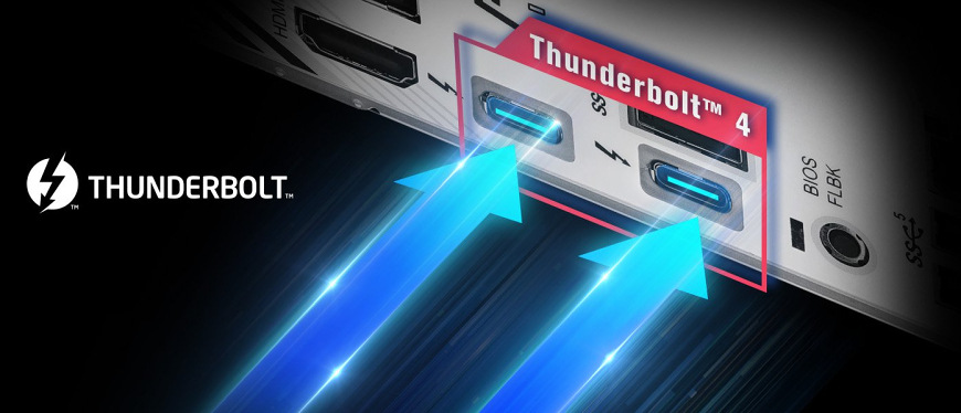 Základná doska ASRock Z890 PRO RS Detail portov Thunderbolt 4 na zadnom I/O paneli základnej dosky ASRock Z890 PRO RS