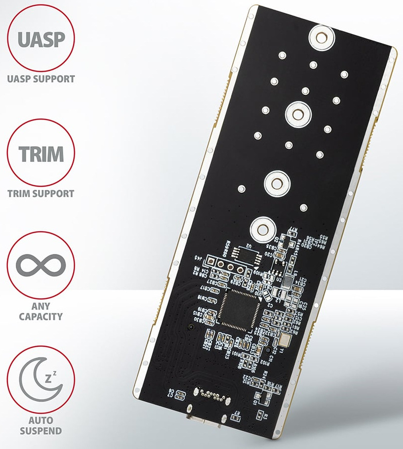 Na obrázku je vnútorná elektronická doska externého boxu pre M.2 SSD. Doska je čierna, podlhovastá a sú na nej vidieť drobné súčiastky, radič aj niekoľko montážnych otvorov pre rôzne dĺžky disku. Vľavo sú ikony s popismi funkcií, ktoré zdôrazňujú podporu UASP, TRIM, ľubovoľnej kapacity a automatického uspania. Ide o technickú reklamnú grafiku zameranú na funkcie a kompatibilitu zariadenia.