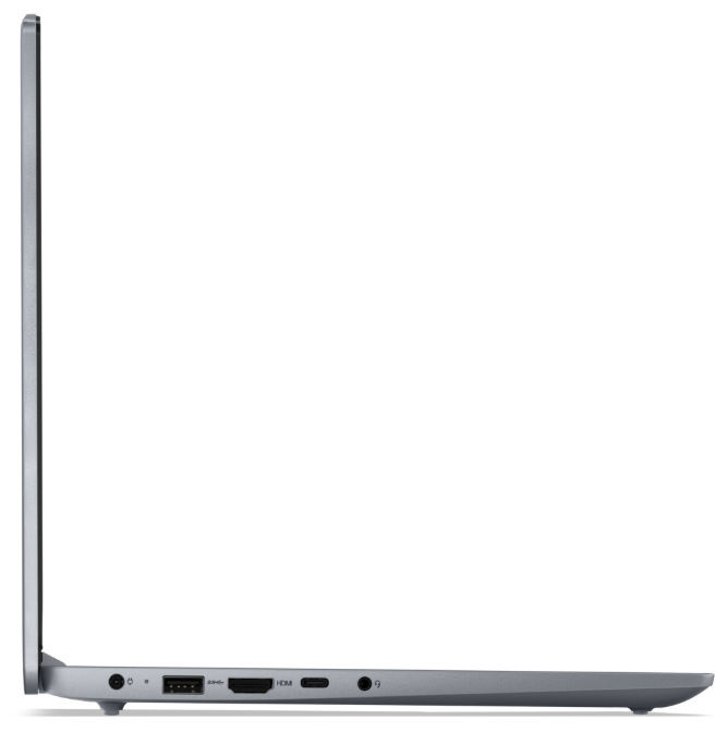 Notebook Lenovo IdeaPad Slim 3 14AMN8 sivý Detail ľavej bočnej strany notebooku s napájaním, USB, HDMI, USB-C a 3,5 mm konektorom