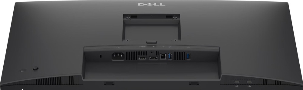 Monitor Dell Pro P2726H sivý Horný pohľad na zadnú časť šedého monitora Dell Pro P2726H s odpojeným stojanom. V zapustenom paneli sú napájací konektor, HDMI, DisplayPort, USB-B a dva porty USB-A; na spodnej hrane dva porty USB-C.