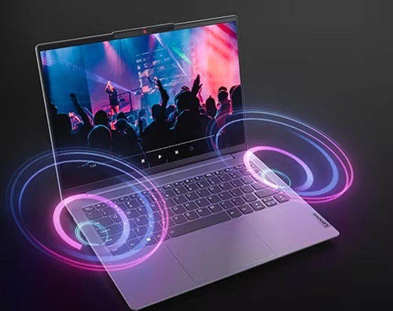 Notebook Lenovo IdeaPad Slim 5 14AHP11 sivý Laptop Lenovo IdeaPad Slim 5 s videom z koncertu a ilustrácií umiestnenia reproduktorov
