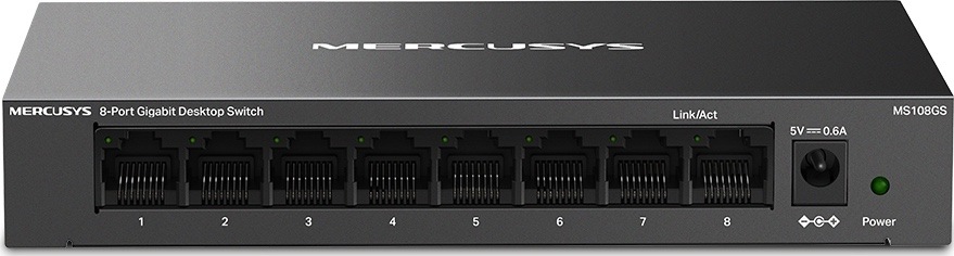 Switch Mercusys MS108GS (MS108GS) čierny Čelný pohľad na switch Mercusys MS108GS s ôsmimi očíslovanými portami RJ45, stavovými kontrolkami, napájacím konektorom a indikátorom zapnutia.