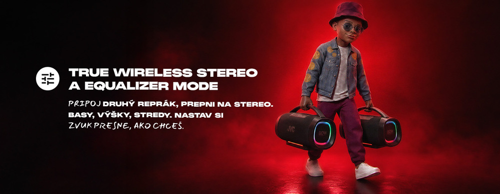Prenosný reproduktor JVC XS-E934B čierny Čelný pohľad na prenosný Bluetooth reproduktor JVC XS-E934B s robustným madlom pre ľahké prenášanie, horným ovládacím panelom s tlačidlami a červeným LED podsvietením