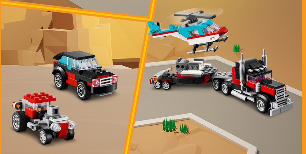 Stavebnica LEGO® Creator 3 v 1 31146 Náklaďák s plochou korbou a helikoptéra 270 kociek a aplikácie LEGO Builder podporujú kreativitu, fantáziu a samostatné stavanie detí od siedmich rokov.