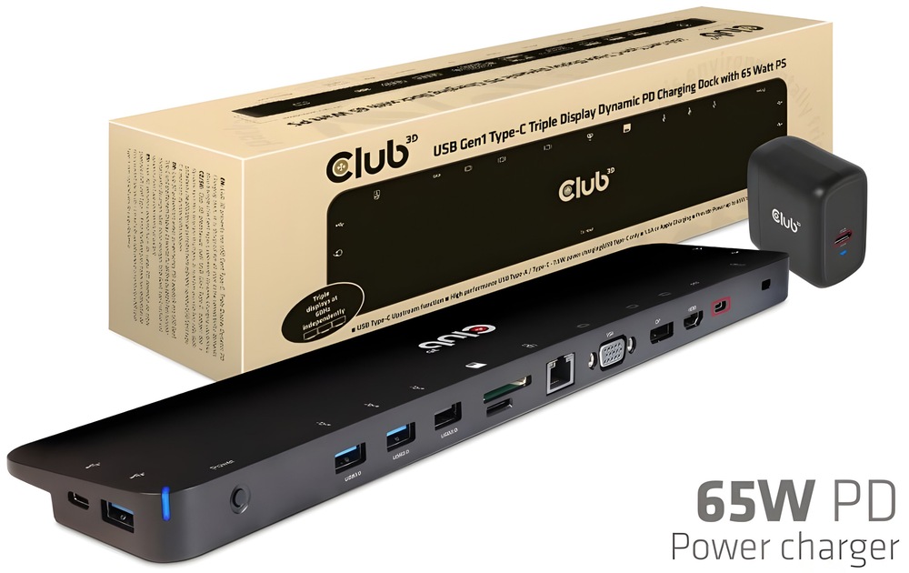 Dokovacia stanica Club3D USB-C s napájacím adaptérom Triple Display Dynamic PD, 65 W čierna