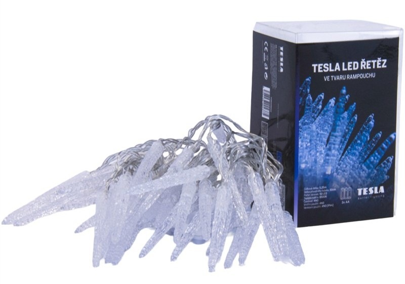 Vianočné osvetlenie Tesla Lightning vianočné reťaz cencúľ, 50 LED, 5m + 30cm kábel, 3x AA batérie, čas. IP44