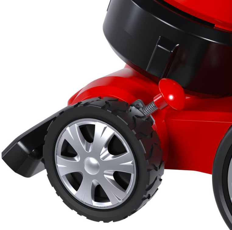 Detail kolesa a mechanizmu štvorpolohového nastavenia výšky hubice vysávača lístia