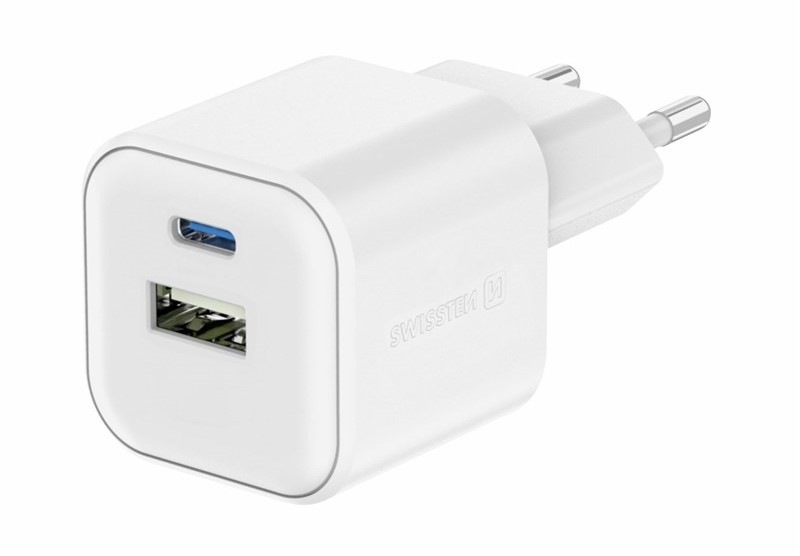 Nabíjačka do siete Swissten GAN 1x USB-C 20W PD + 1x USB-A 18W QC biela