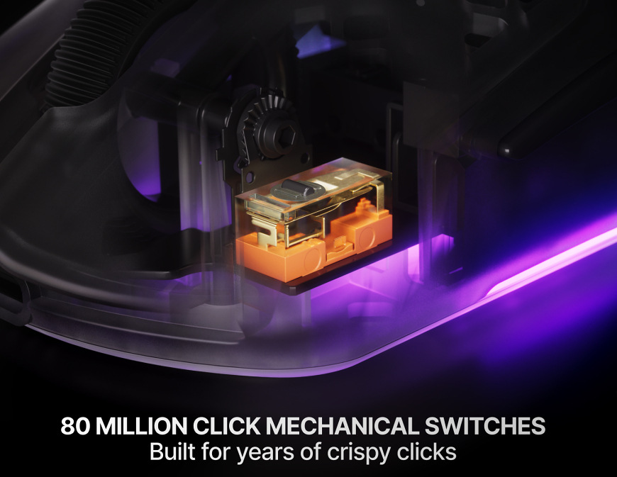 Detail mechanického spínača so životnosťou 80 miliónov kliknutí