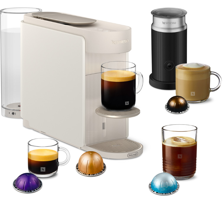 Kapsulový kávovar De'Longhi Nespresso Vertuo Up Bundle ENW200.WAE biele Bočný pohľad na DeLonghi Nespresso Vertuo Up Bundle ENV200.WAE s kapsulami a mlynom na mliečnu penu