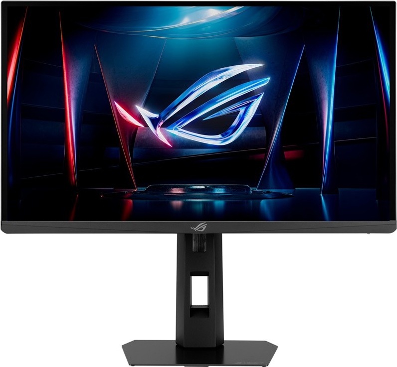 Na obrázku je herný monitor ASUS ROG Stres z predného pohľadu. Má čierny tenký rámček, širokouhlú obrazovku a pevný výškovo nastaviteľný stojan s obdĺžnikovou základňou. Na displeji je tmavá herná grafika s výrazným svietiacim logom ROG v modro-červených odtieňoch. Logo ROG je tiež na spodnej lište monitora a na stojane. Monitor pôsobí moderne a je určený hlavne pre hráčov.