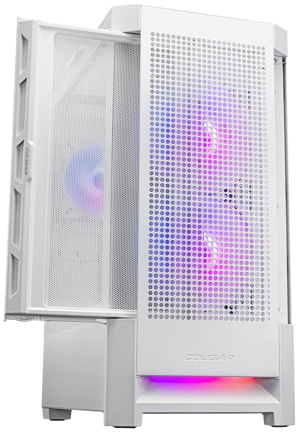 Case Cougar DUOFACE RGB biela Čelný snímok zachytáva vysunutý čelný panel.