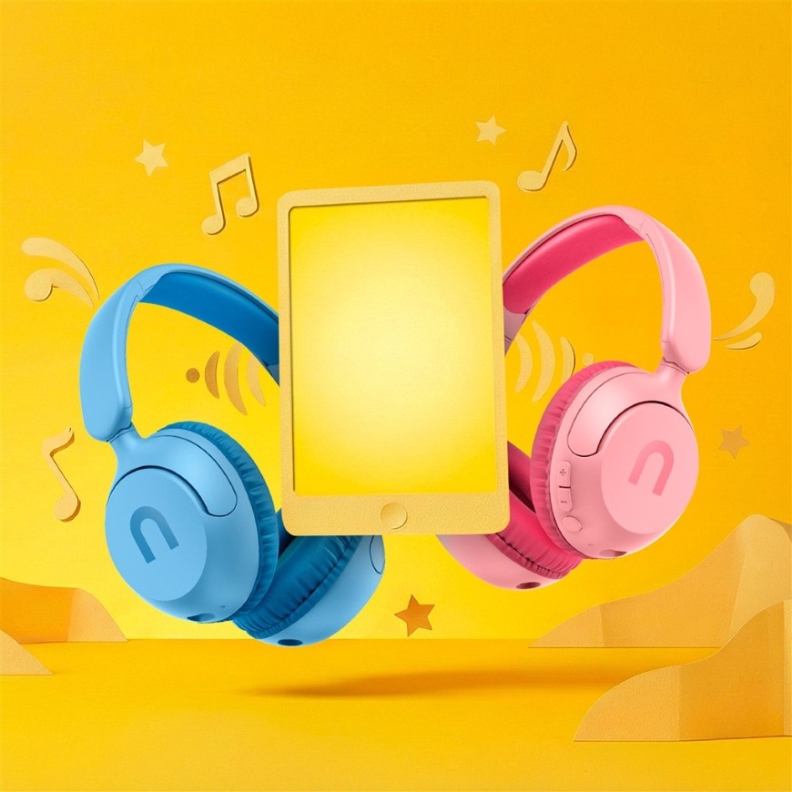 Slúchadlá Niceboy Kiddie 2 ružová Ilustrácia tabletu so slúchadlami Niceboy Kiddie 2 v modrej a ružovej farbe