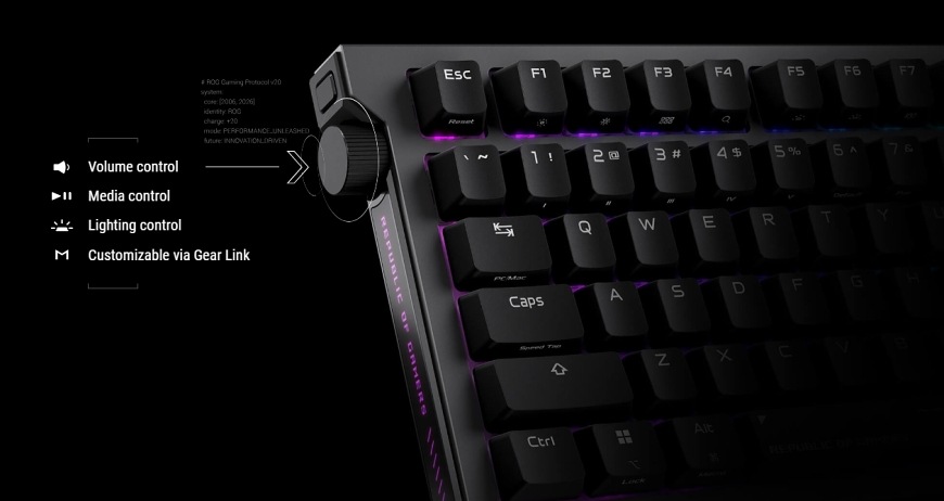 Klávesnica Asus ROG Strix Morph 96 WL US čierna Detail multifunkčného ovládacieho kolieska pre hlasitosť, médiá a podsvietenie