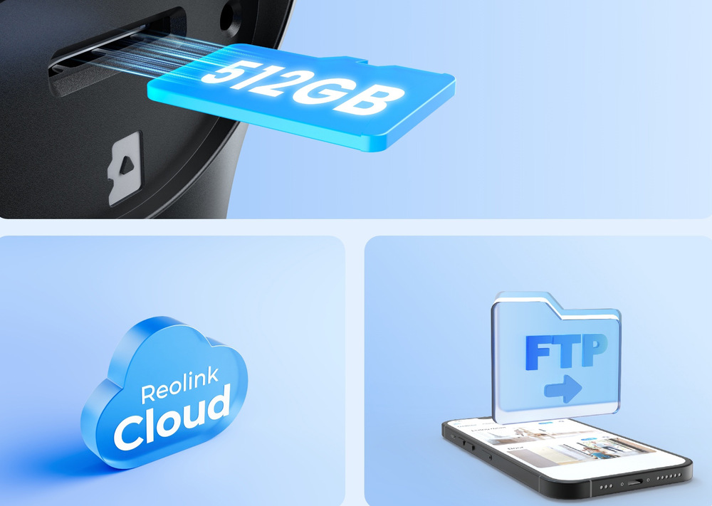 IP kamera Reolink Trackmix Series G790 + Solar Panel Plus batériová 4G biela Záznamy ukladá na SD, cloud alebo FTP s možnosťou 24/7, plánovanie aj šikovného vyhľadávania.