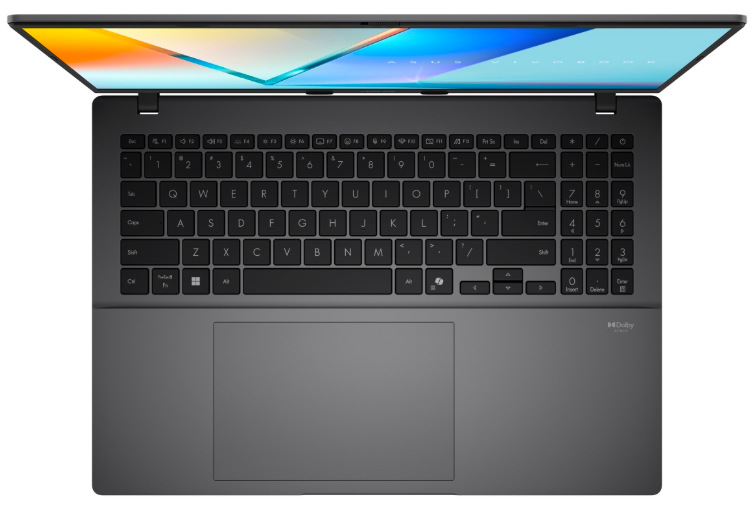 Pohľad zhora na čiernu klávesnicu s numerickou časťou a rozmerný touchpad